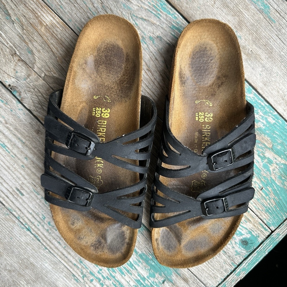 Birkenstock Granada Black Leather Sandals Womens EU 39 US 8-8.5 Cutout Slide